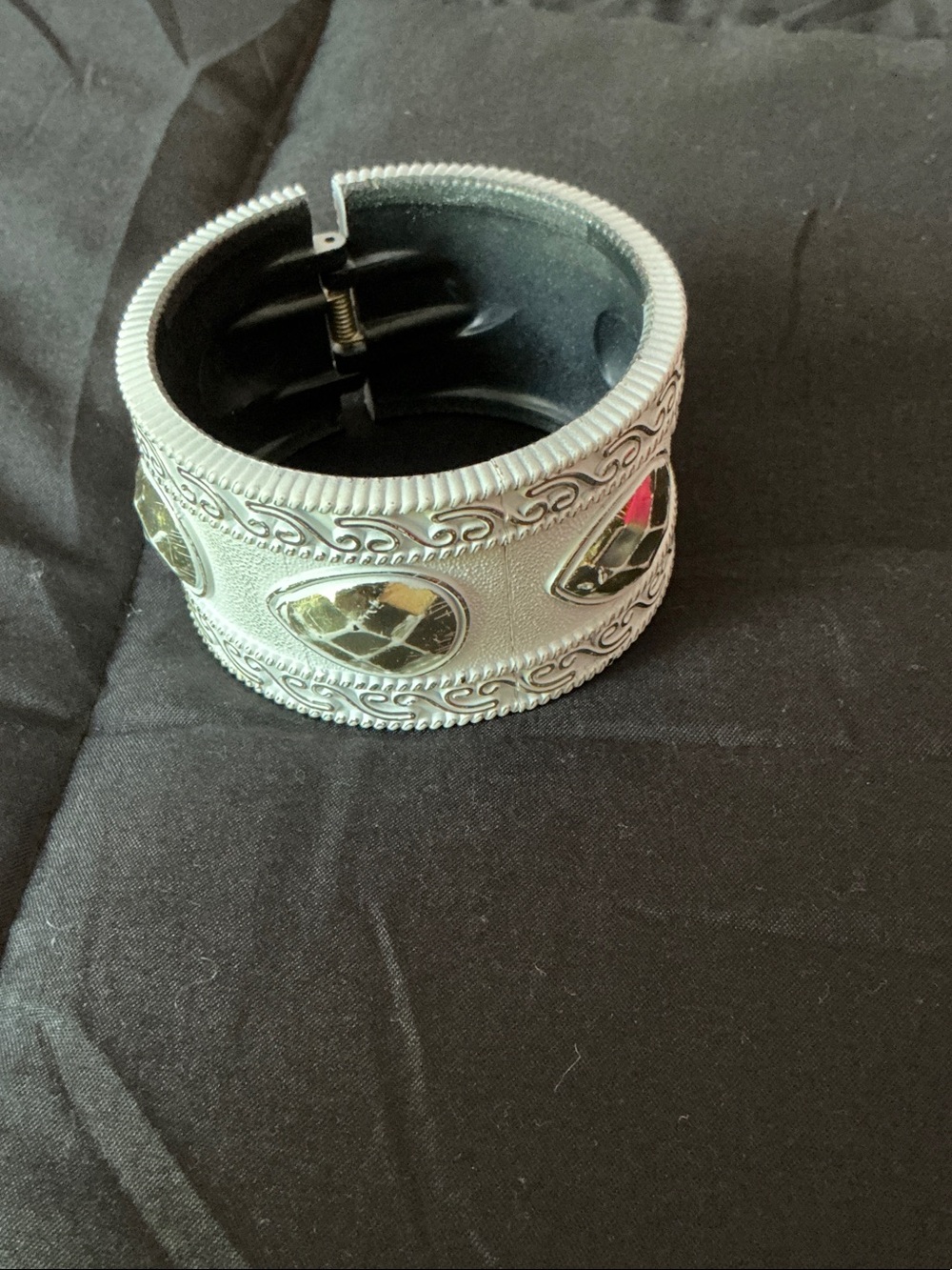 Silver Toned Decorative Cuff Bracelet with Faceted Accents
